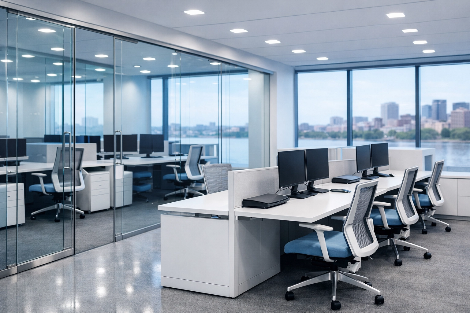 Spotless modern tech office space in Kendall Square following professional office cleaning in Cambridge.