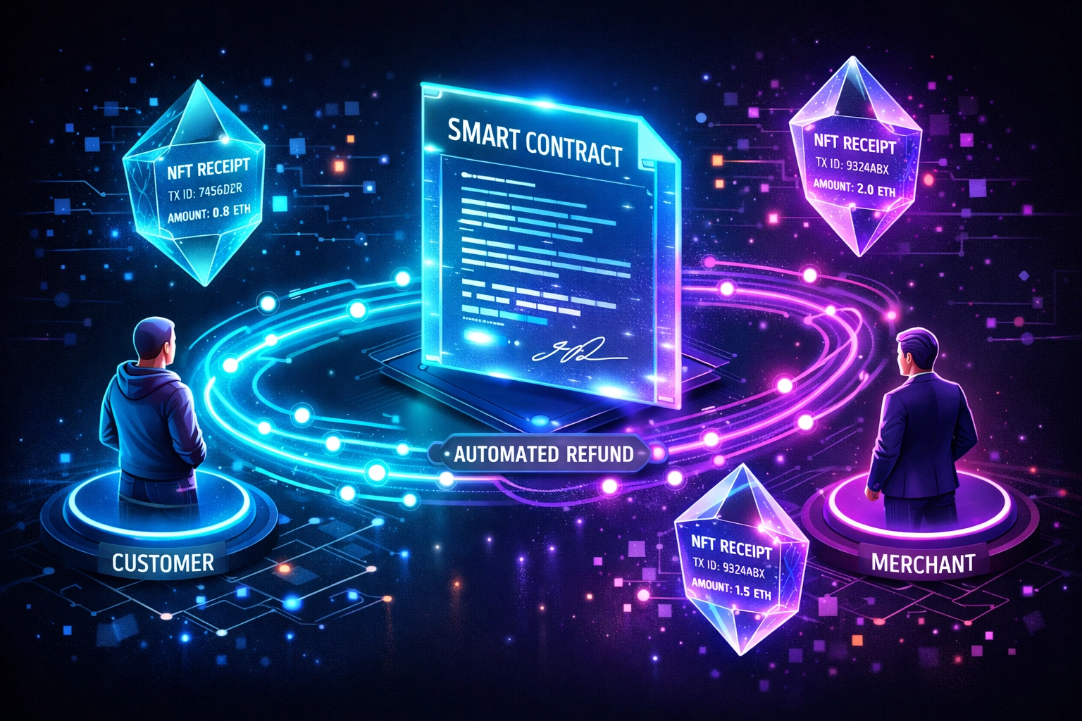Smart contract automated refund system connecting merchant and customer via NFT receipts