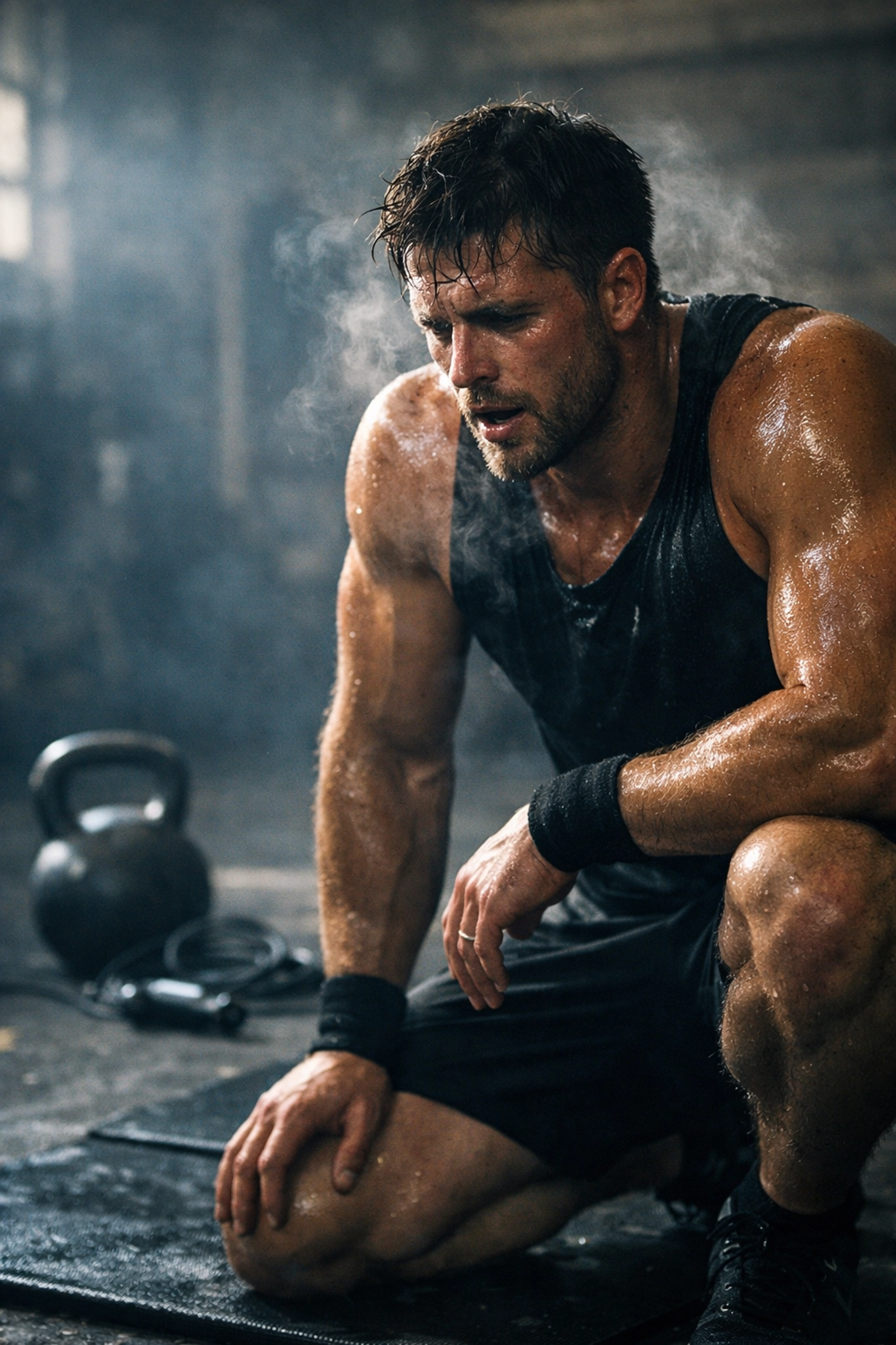 Sweaty athlete resting after a high-intensity full body workout at home with kettlebells.