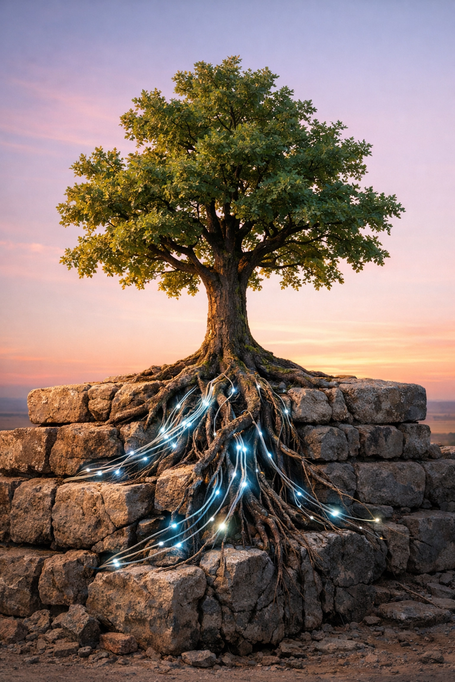 Oak tree with digital roots symbolizing a future-proof business reputation built on trust and authenticity.