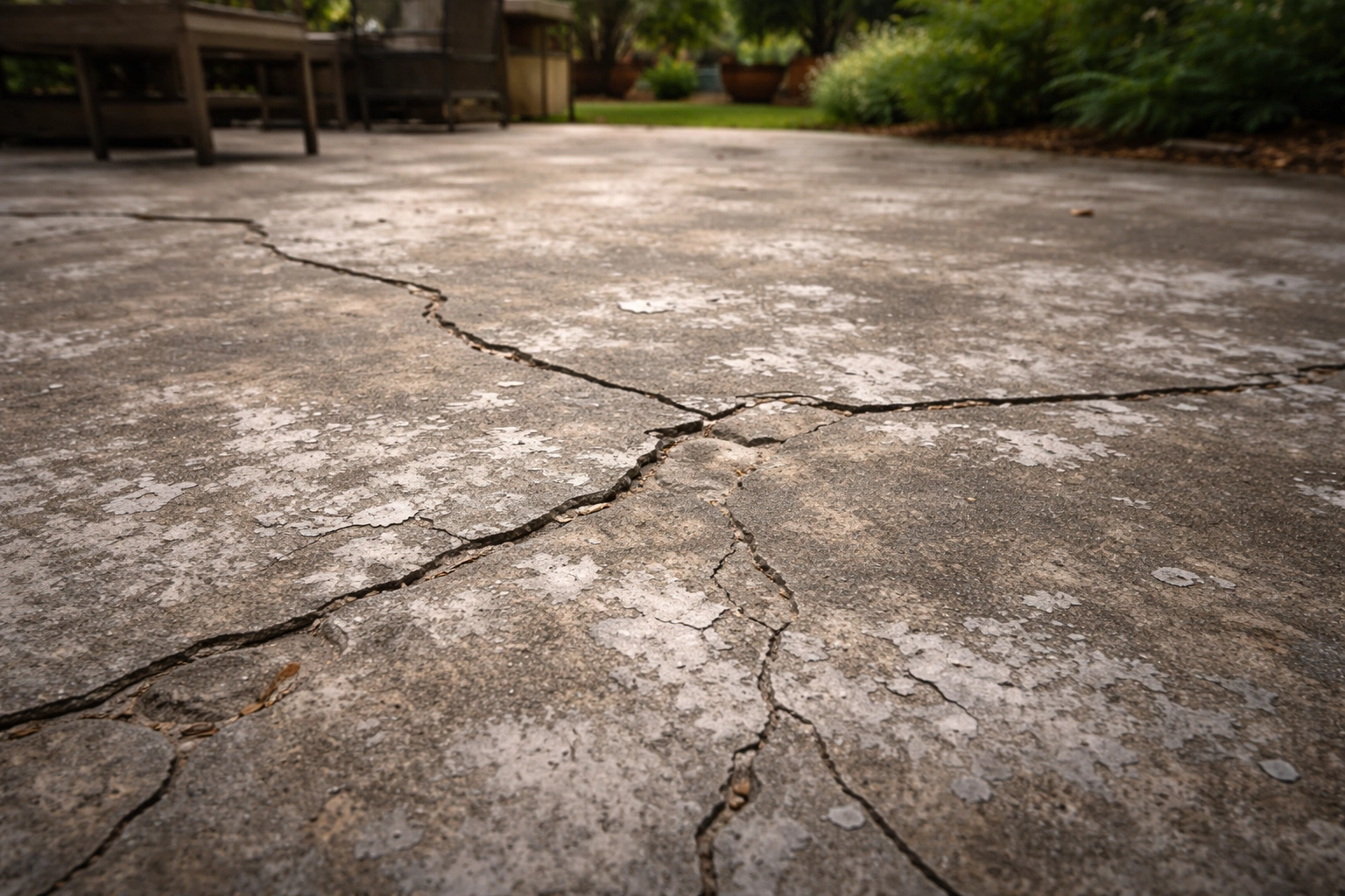 Outdoor concrete patio with visible cracks and peeling paint in a backyard, showing need for patio floor coating.