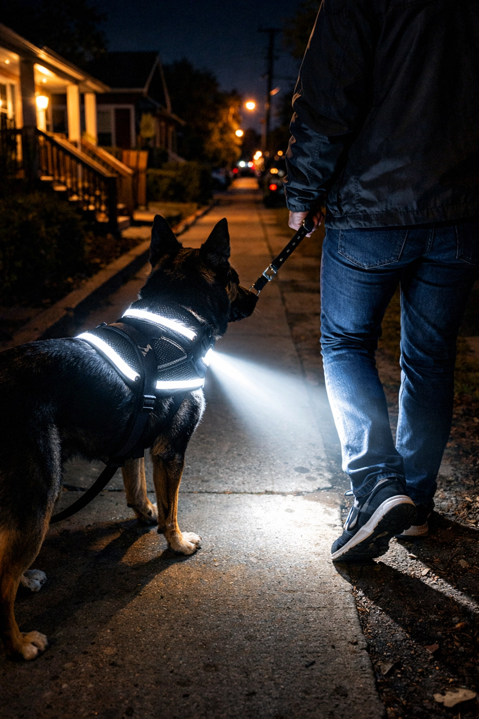 LED dog harness with high-intensity white lights creating a safety bubble for dog and owner on a dark night walk.