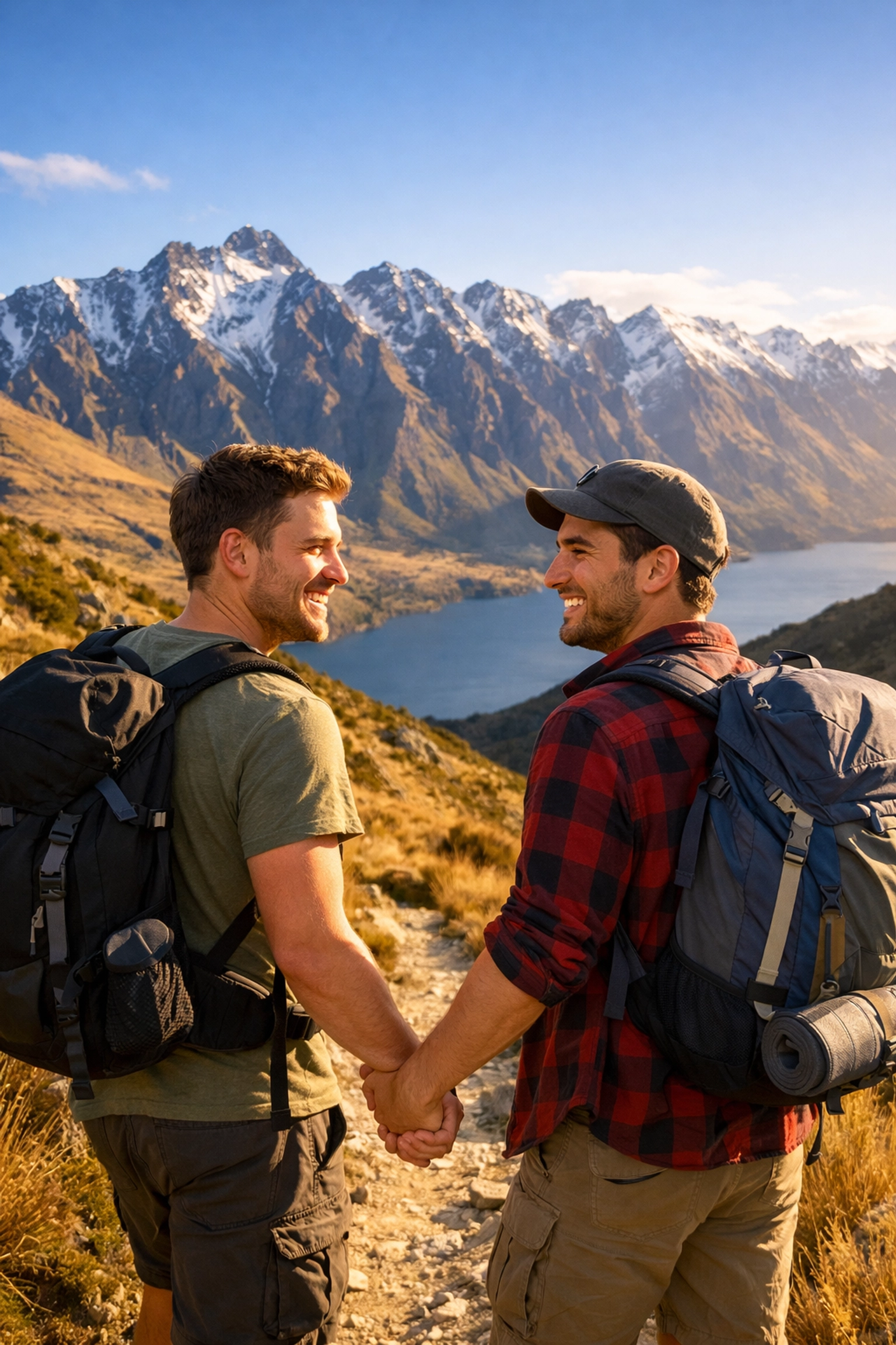 Gay couple hiking hand-in-hand on New Zealand mountain trail with Remarkables peaks backdrop