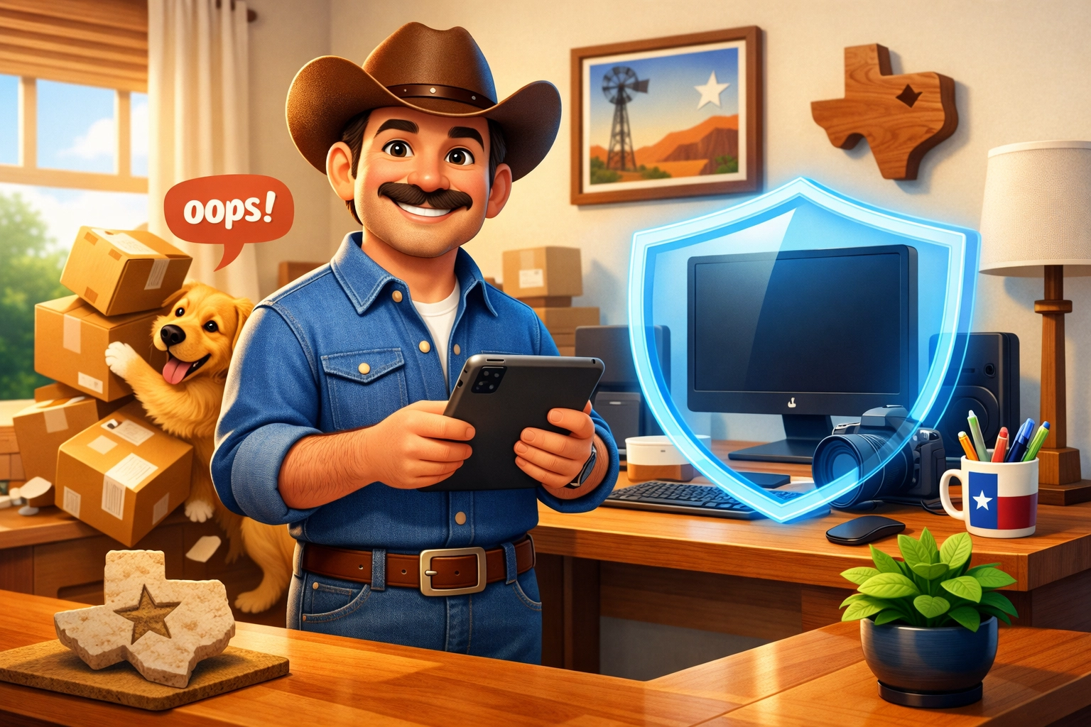 A Texas business owner in a home office protected by a liability insurance shield after a minor accident.