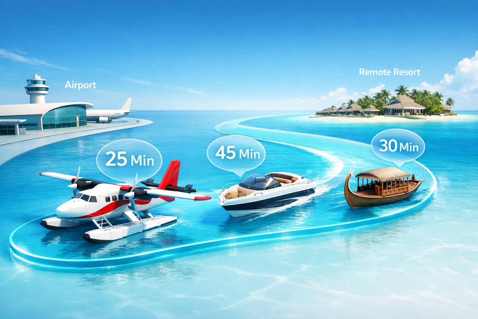 Maldives travel logistics chart showing seaplane and speedboat transfer options to resorts.