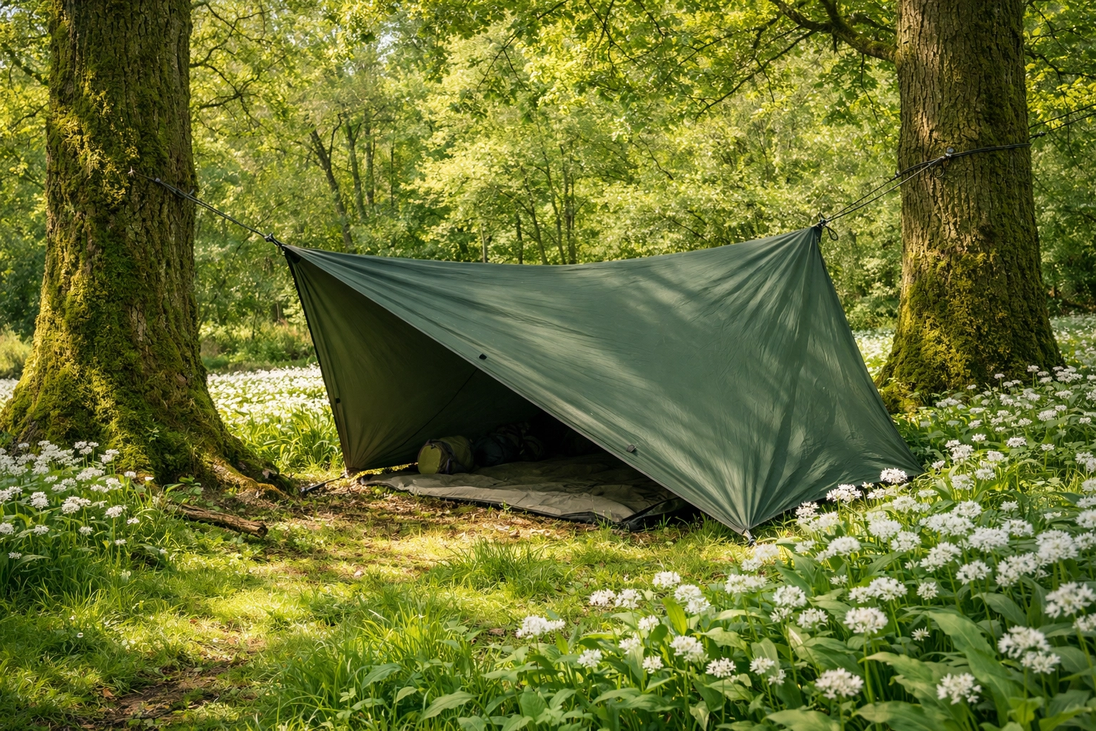 A green tarp pitched as a plow-point shelter in a lush forest for wild camping guided UK.