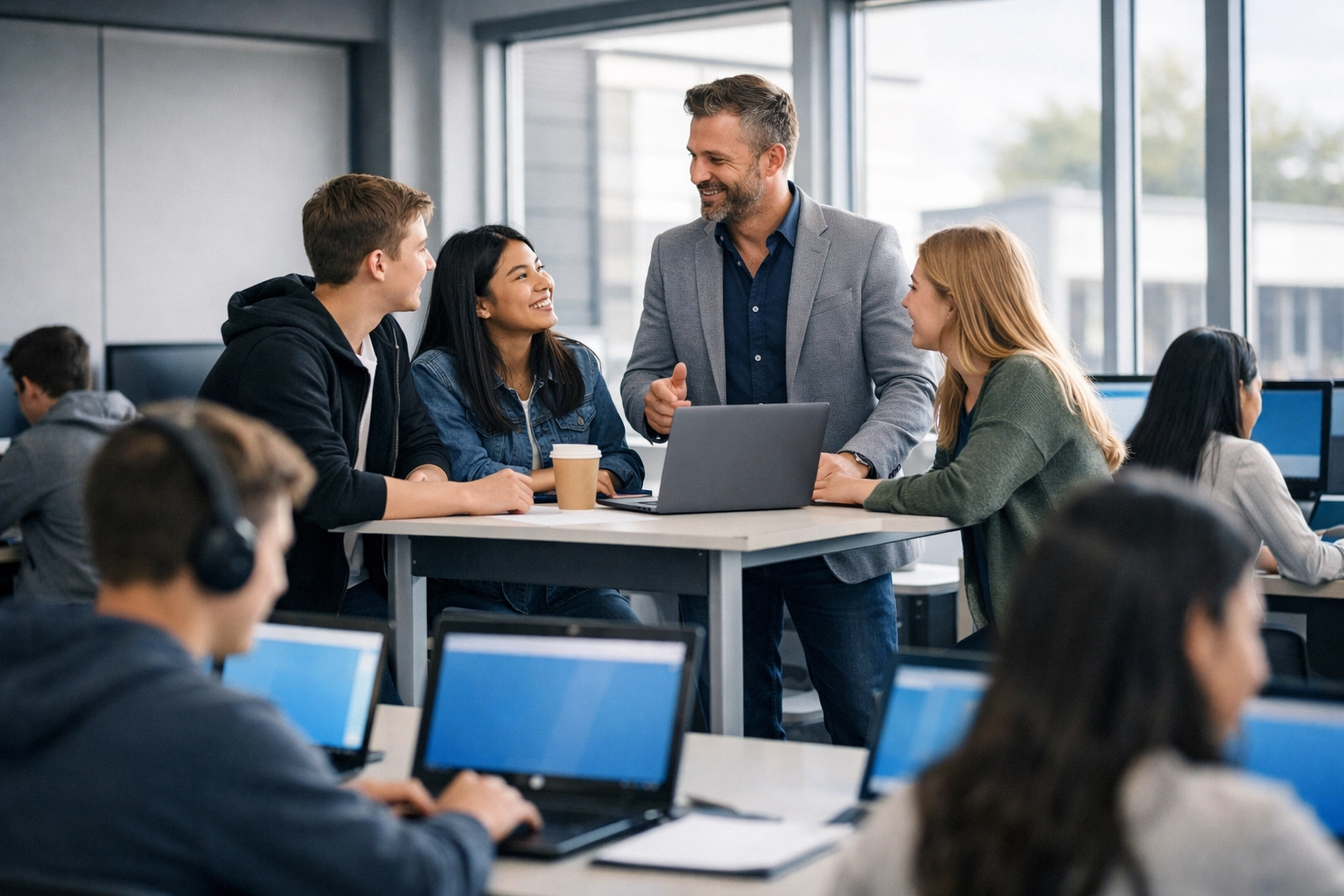 Business professional mentoring high school students in a computer lab as part of a talent pipeline program
