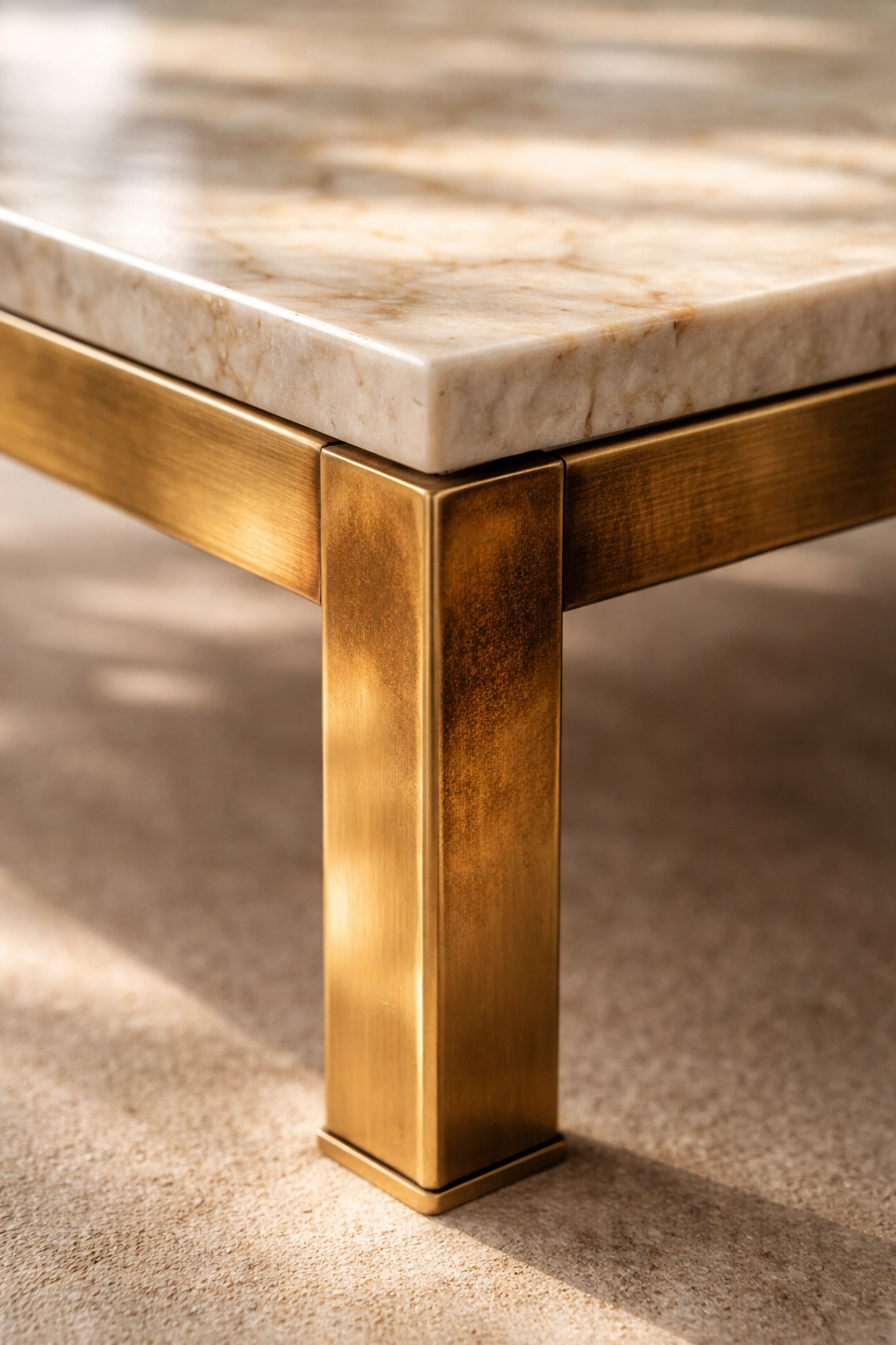 Close-up of unlacquered brass coffee table leg showing beautiful patina development over time