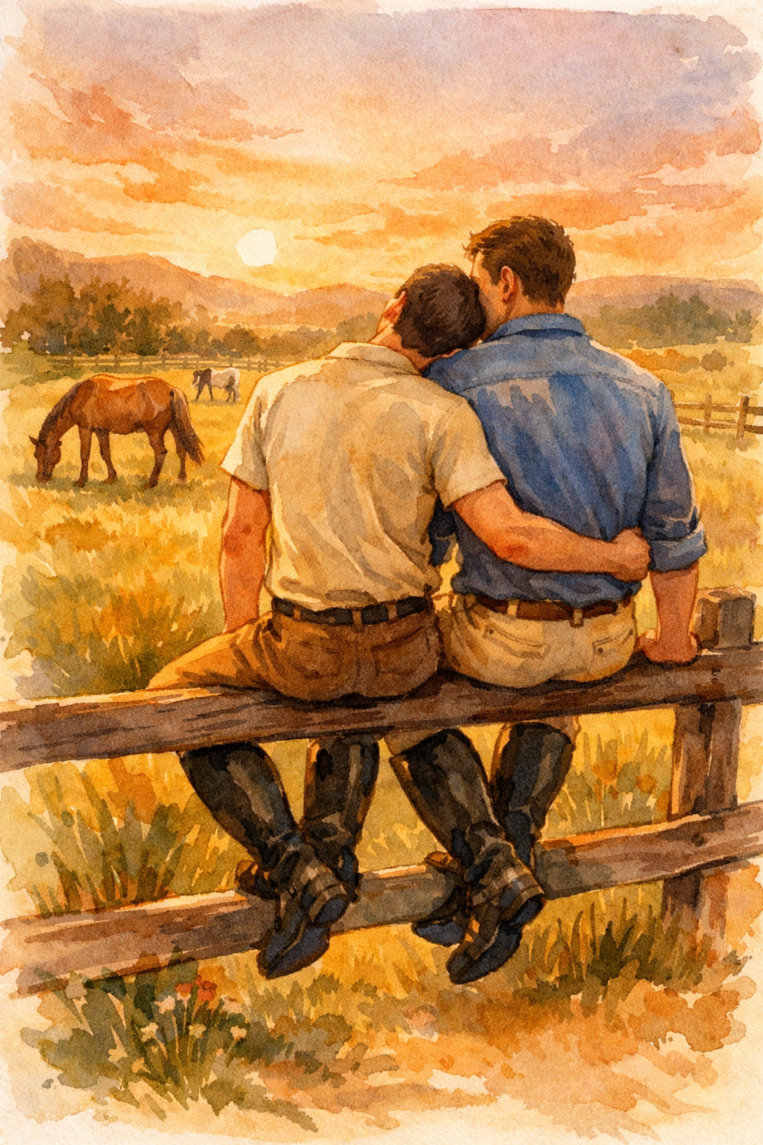 Two male equestrians watching horses together at sunset on ranch fence