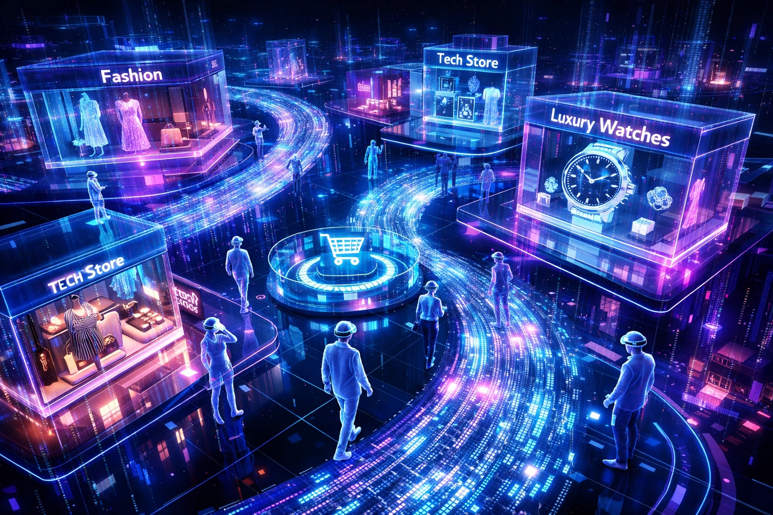 Futuristic virtual shopping mall with avatars in VR headsets browsing metaverse storefronts
