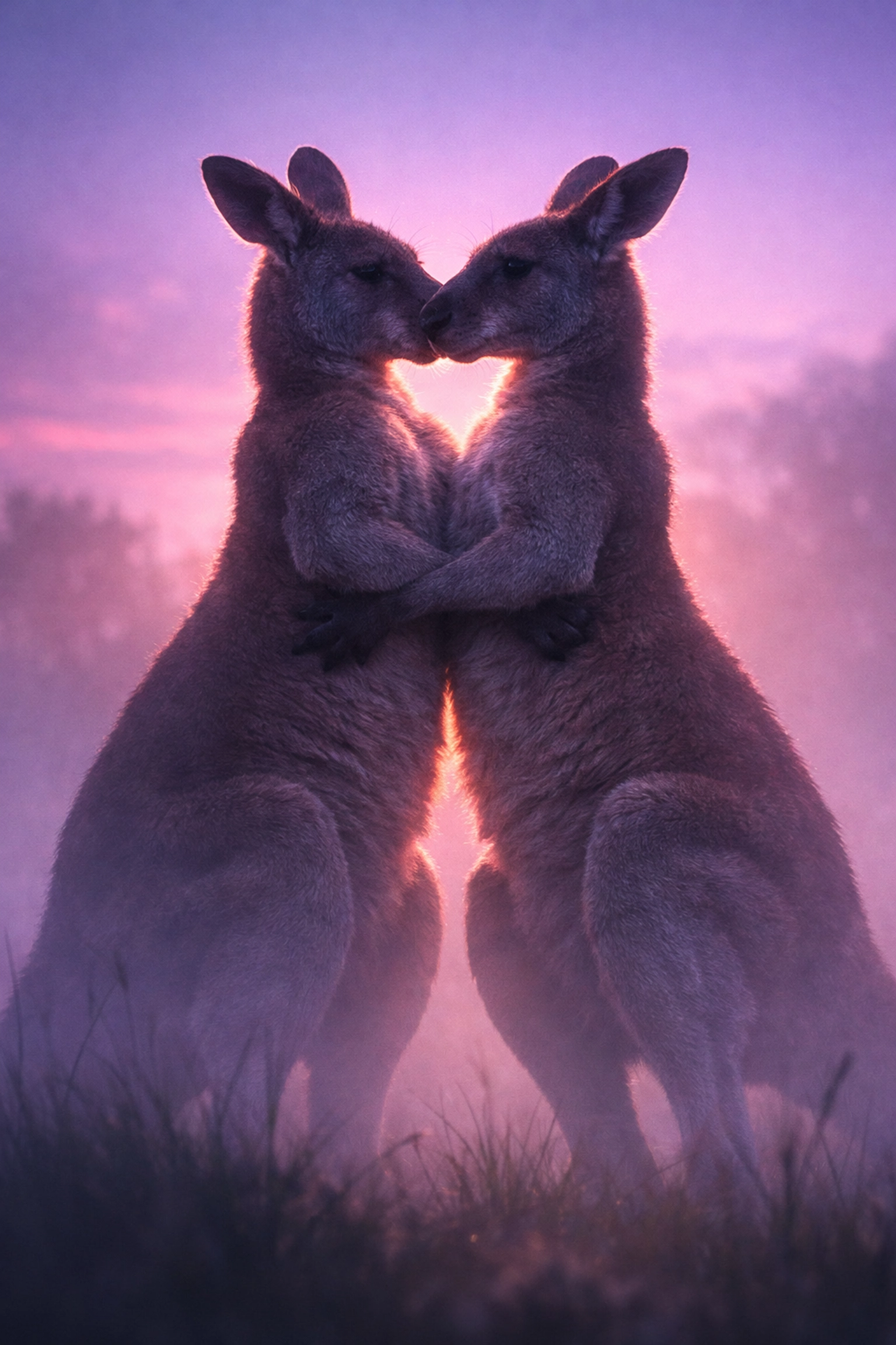 Two male kangaroos standing chest-to-chest at dawn, illustrating intense masculine bonds and forced proximity.