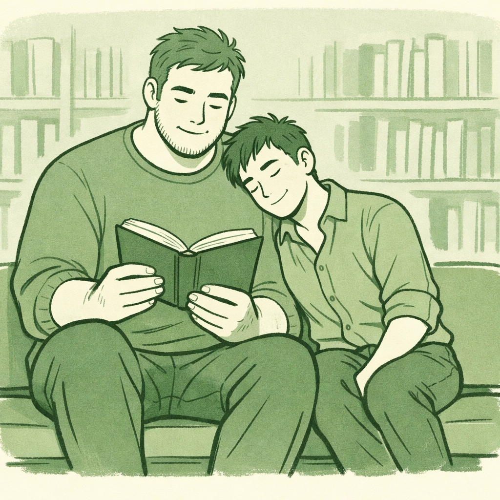 MM couple reading together on library bench - size difference gay romance moment