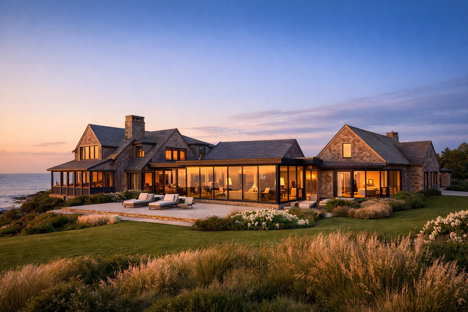 Luxury Martha’s Vineyard coastal estate at sunset illustrating high-value home insurance protection.