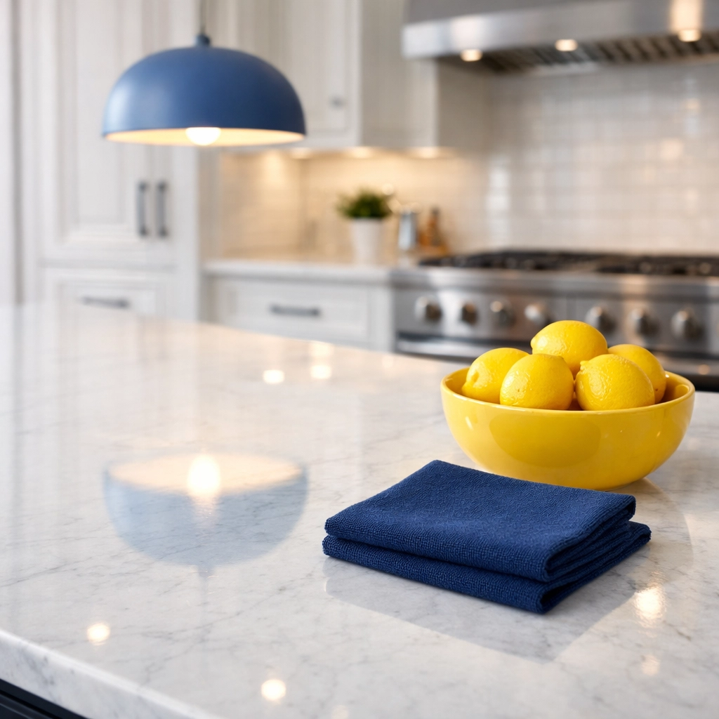 Sanitized marble countertop and luxury kitchen island detail after a deep renovation cleaning.