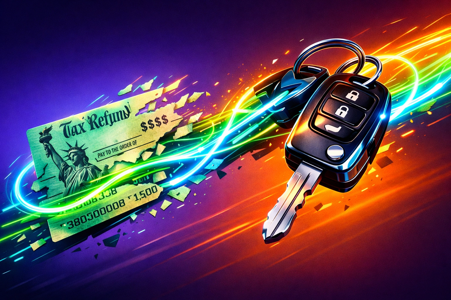 Tax refund check transforming into car keys for down payment on used cars in Arnold MO