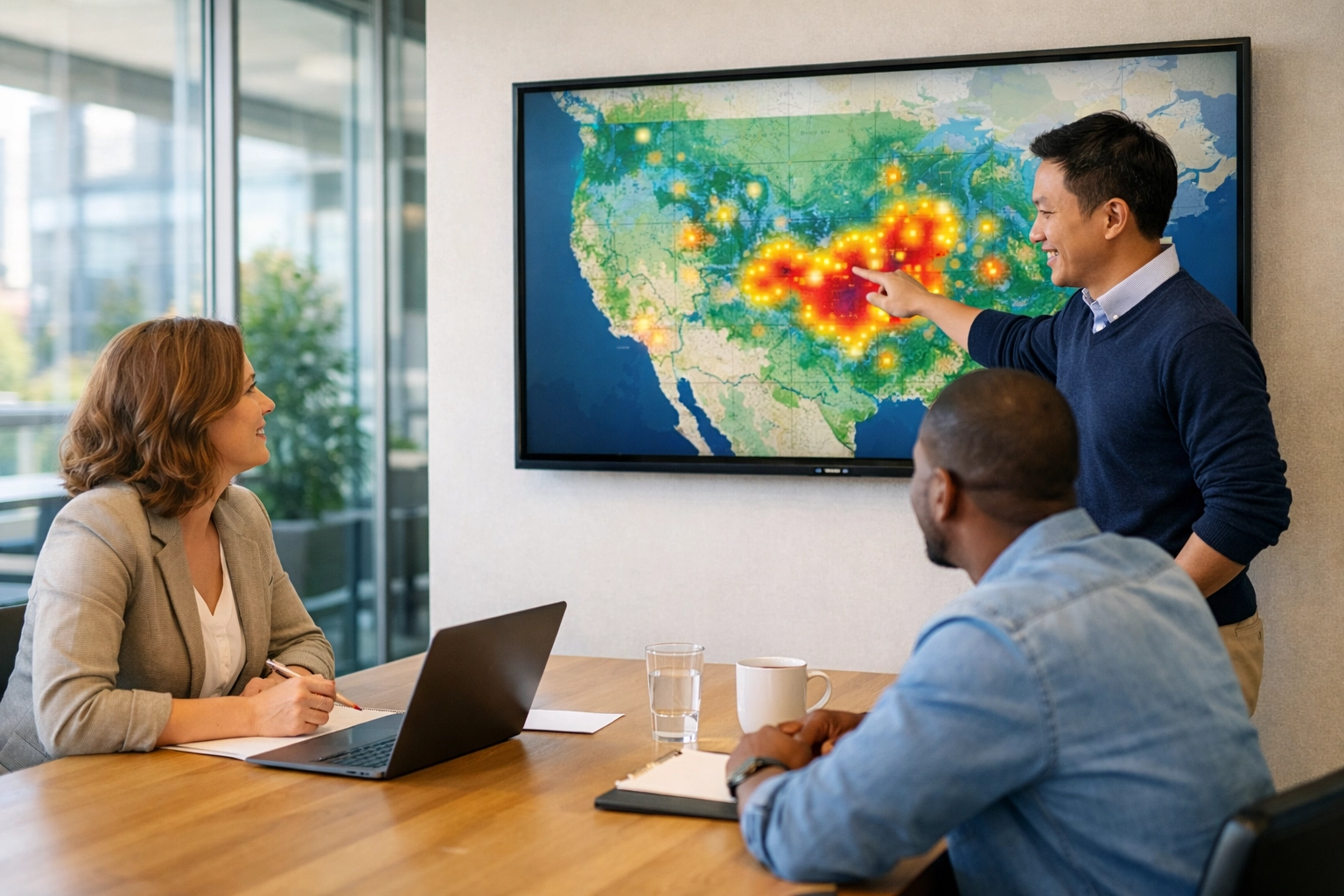 Strategic consultants analyzing a sports fan engagement heat map to identify regional audience trends.