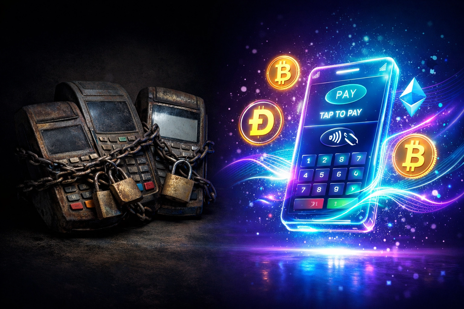 Traditional payment terminals versus modern Web3 crypto payment interface showing evolution