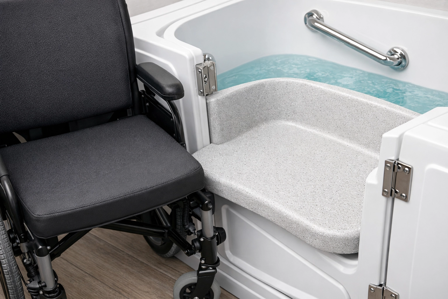 Lateral transfer from wheelchair to walk-in tub showing aligned seat heights and grab bars