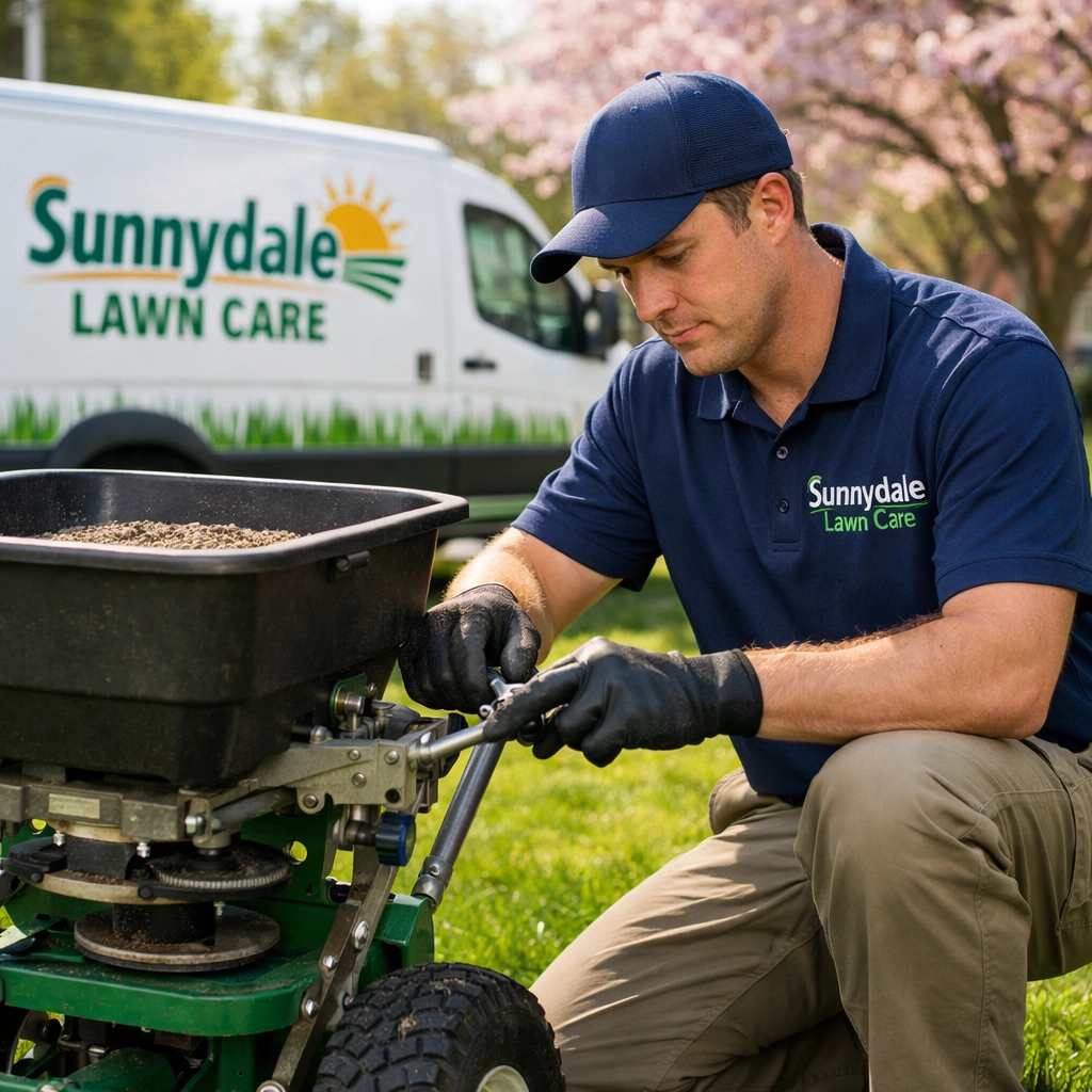 Sunnydale Lawn Care technician calibrating a spreader for professional lawn fertilization next to a service truck.