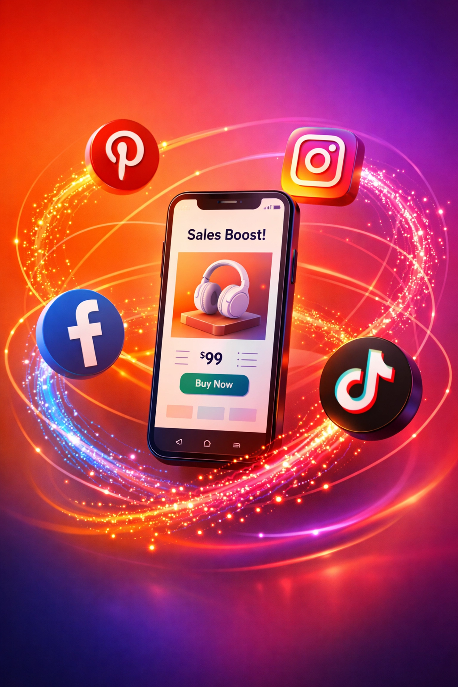 Mobile sales platform displaying digital product store with social media marketing channels