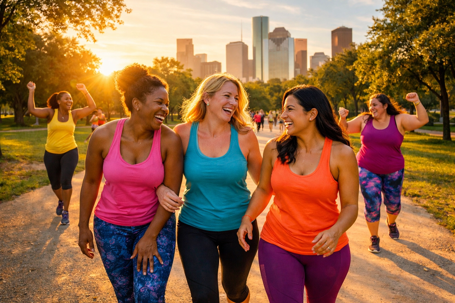 Women in a community walking group and Houston Zumba classes enjoying mindful movement at Trebly Park.