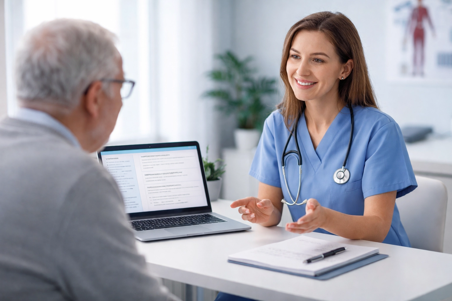 Nurse practitioner using AI SOAP note generator with an elderly patient in a modern clinic, illustrating efficient clinical documentation.