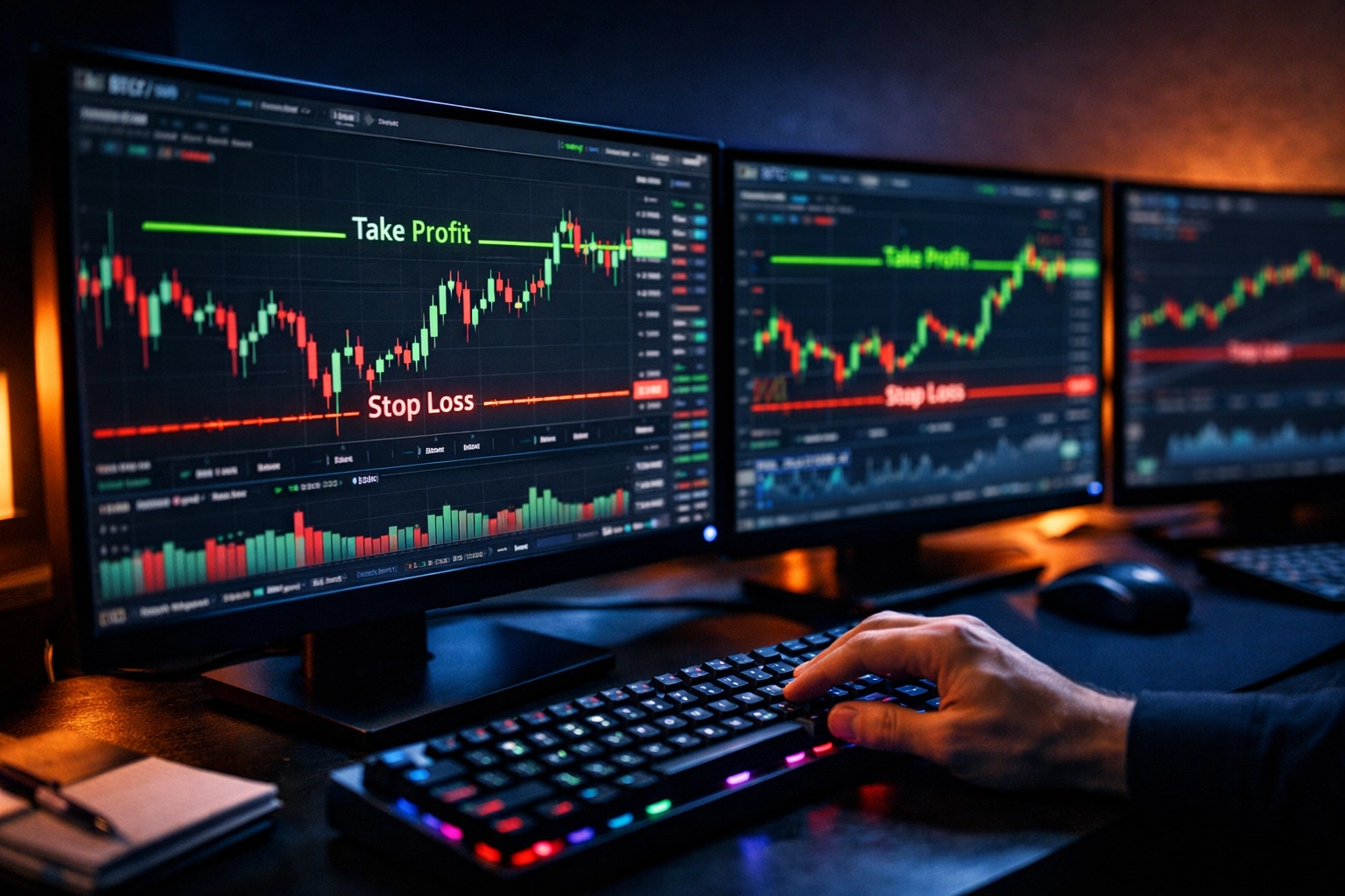 Professional trading workstation with stop-loss and take-profit orders on crypto futures charts