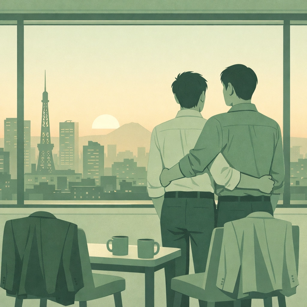 Gay couple embracing in Tokyo apartment, living authentically after leaving corporate world