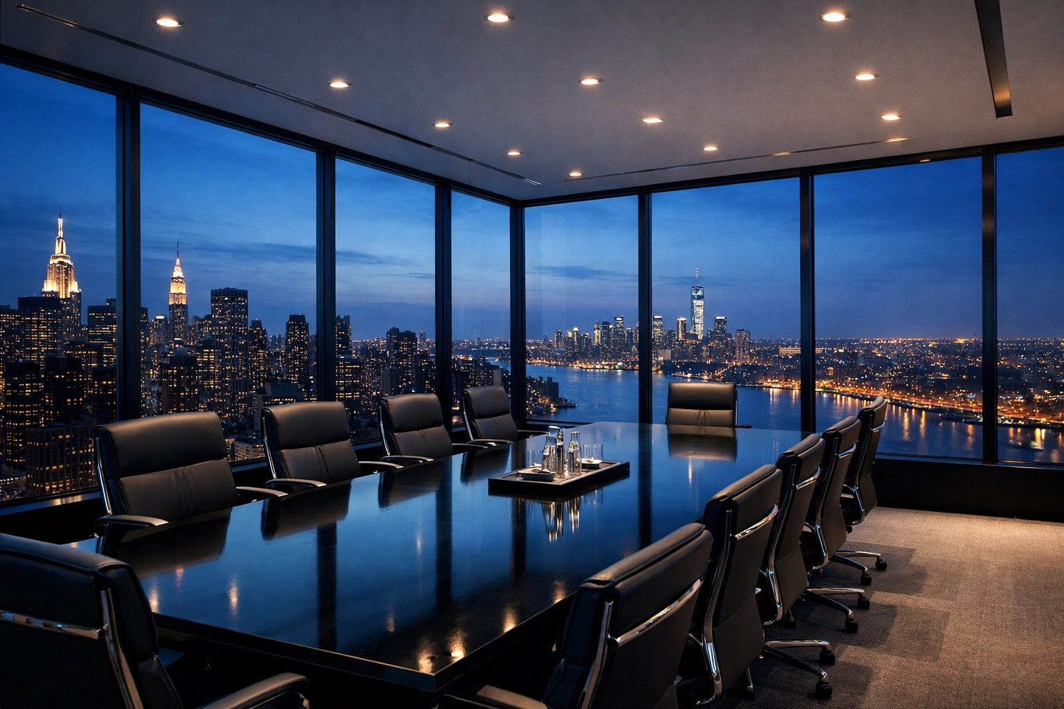 Sleek executive boardroom with city views showcasing Dakdan's global media consulting and strategic vision.
