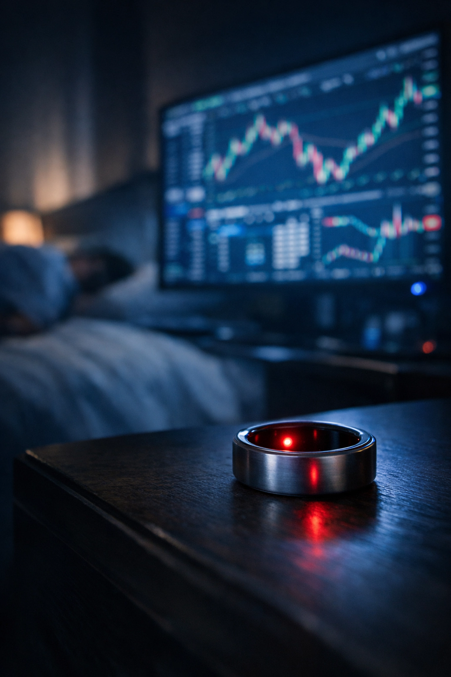 Smart ring showing low sleep recovery next to stock trading charts illustrating financial risk.