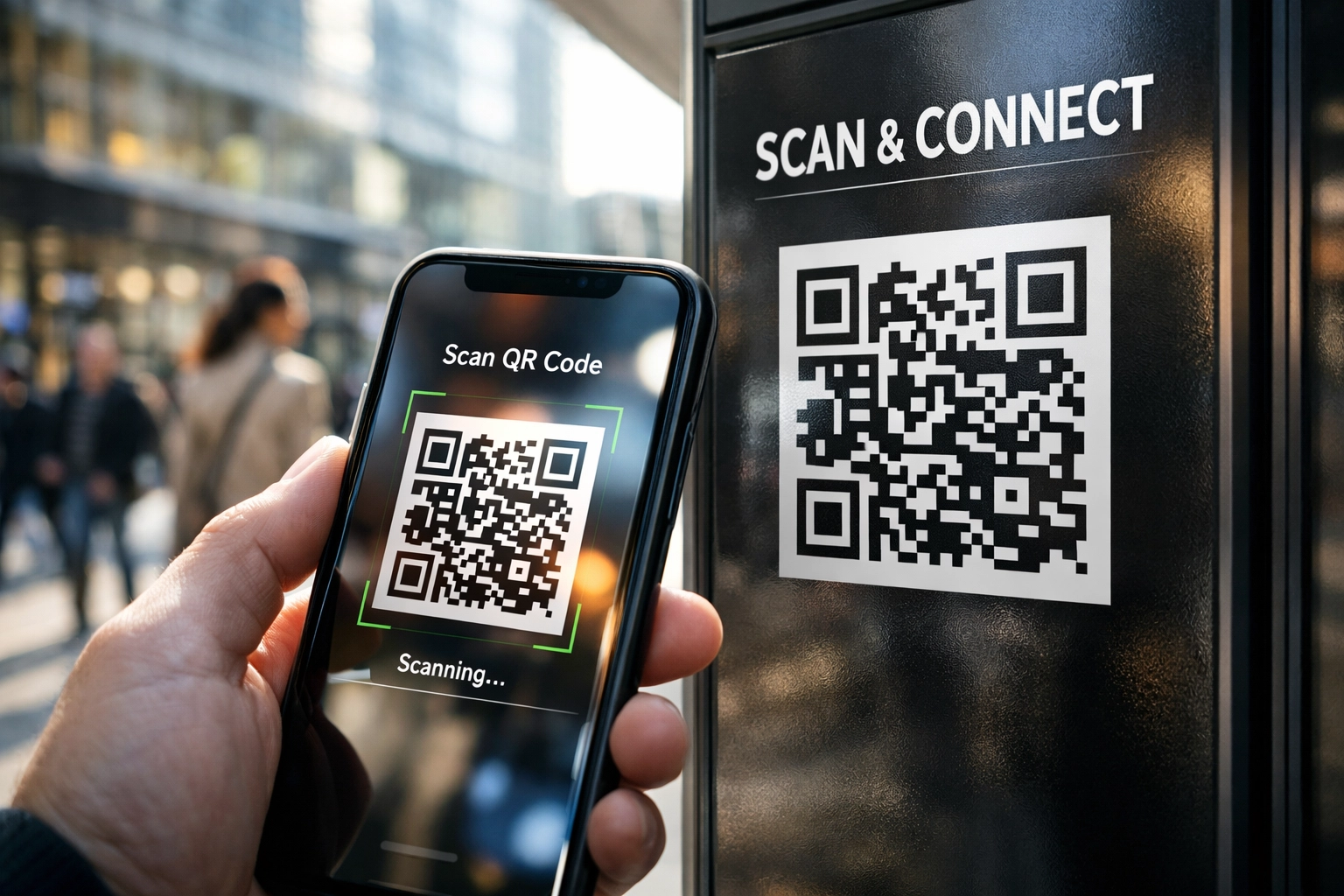 Mobile phone scanning QR code on transit ad showing OOH digital integration