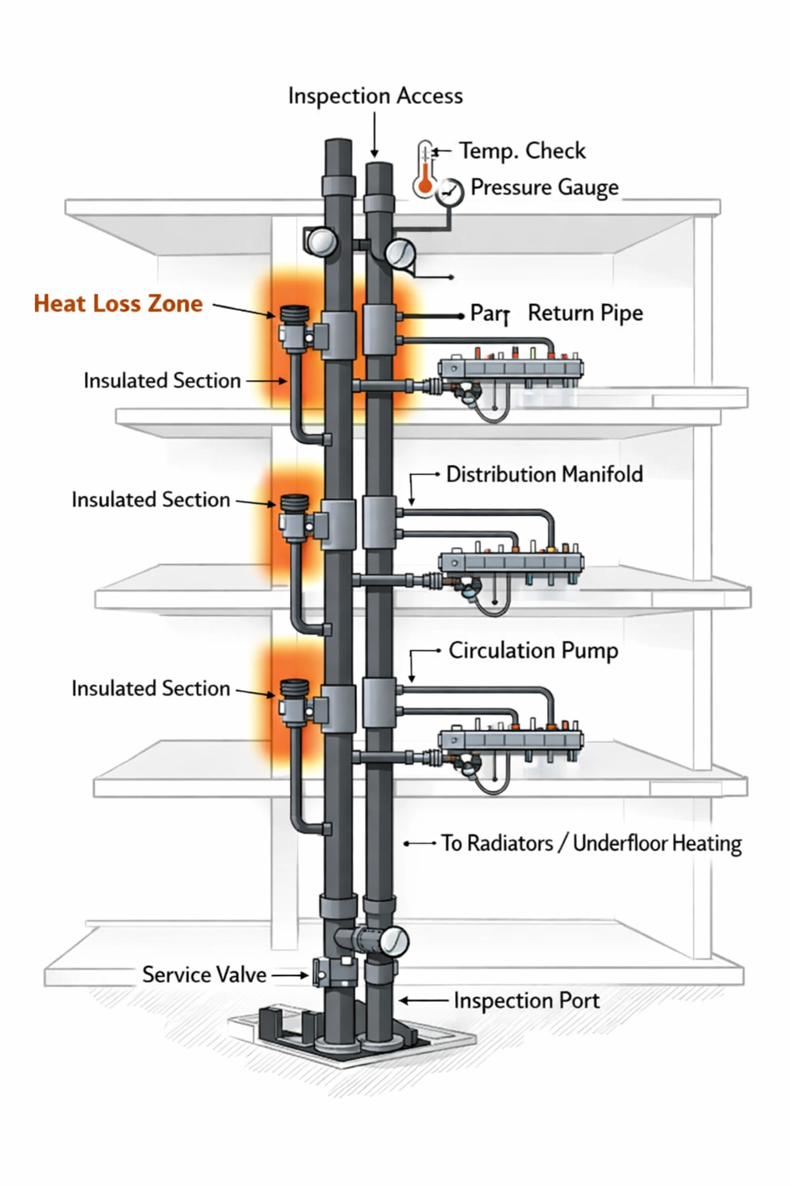 Zentrale Steigleitungen mit Zirkulationspumpen und Wärmeverlusten im Querschnitt