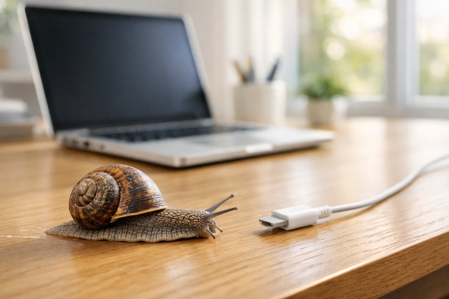 Snail near a laptop symbolizing extreme slowness caused by infections requiring malware removal in Vacaville.
