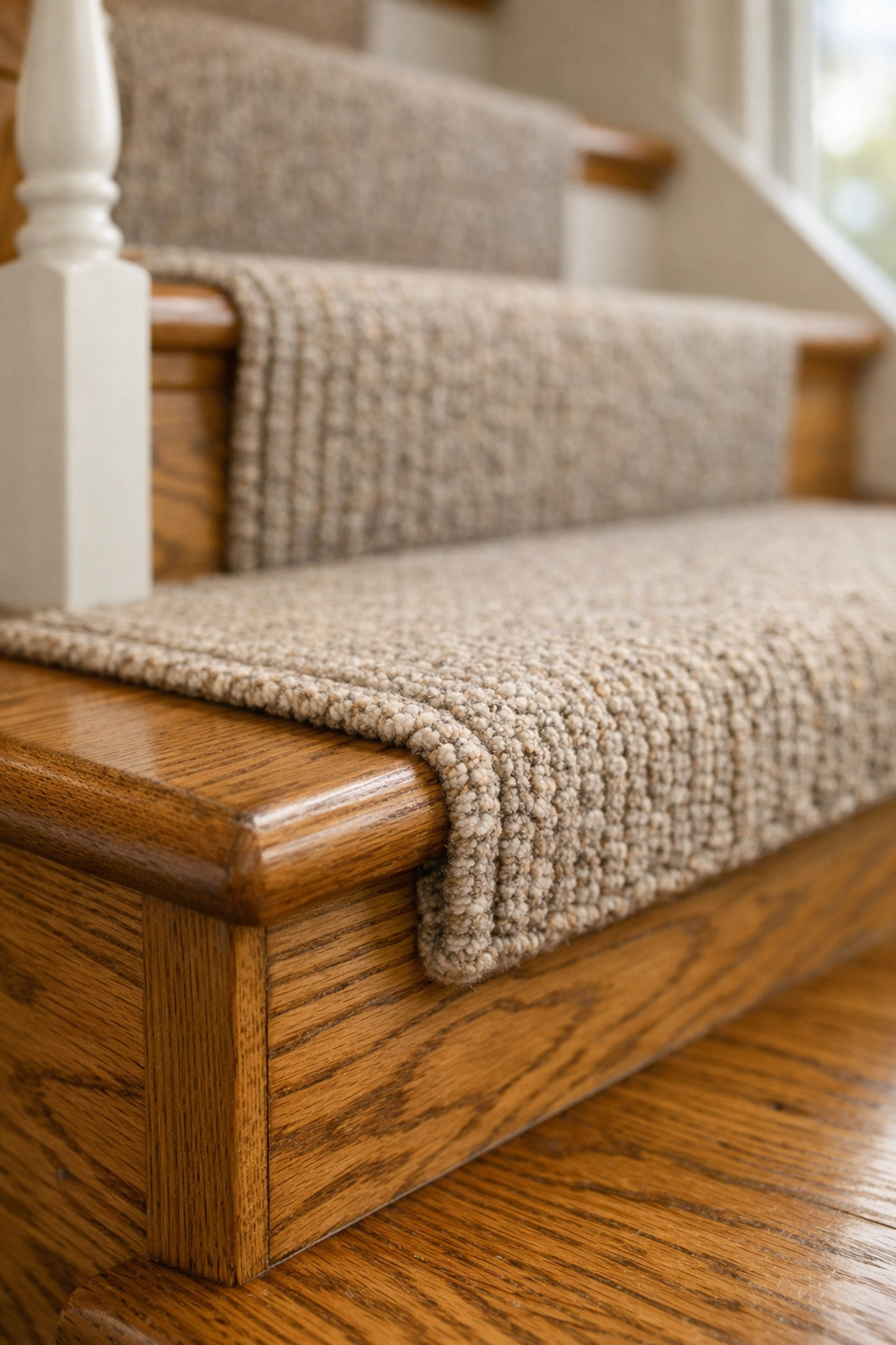 Close-up of a secure wooden step with a low-pile carpet runner for improved stair safety.