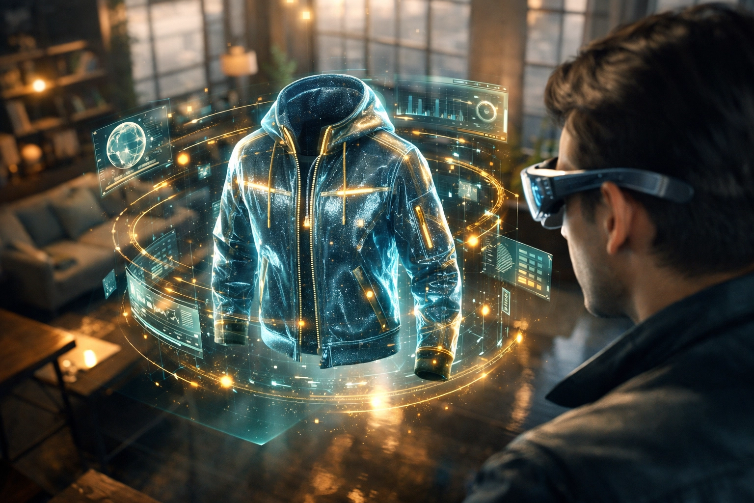 Futuristic AR shopping experience using Larecoin.ai to browse virtual storefronts in the metaverse.