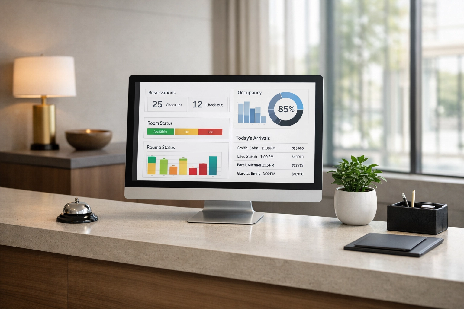 Modern hotel front desk with automated PMS dashboard reducing manual tasks