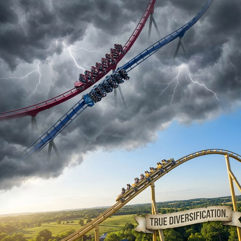 Roller coasters moving through stormy and sunny skies, illustrating portfolio diversification and breaking stock-bond correlation