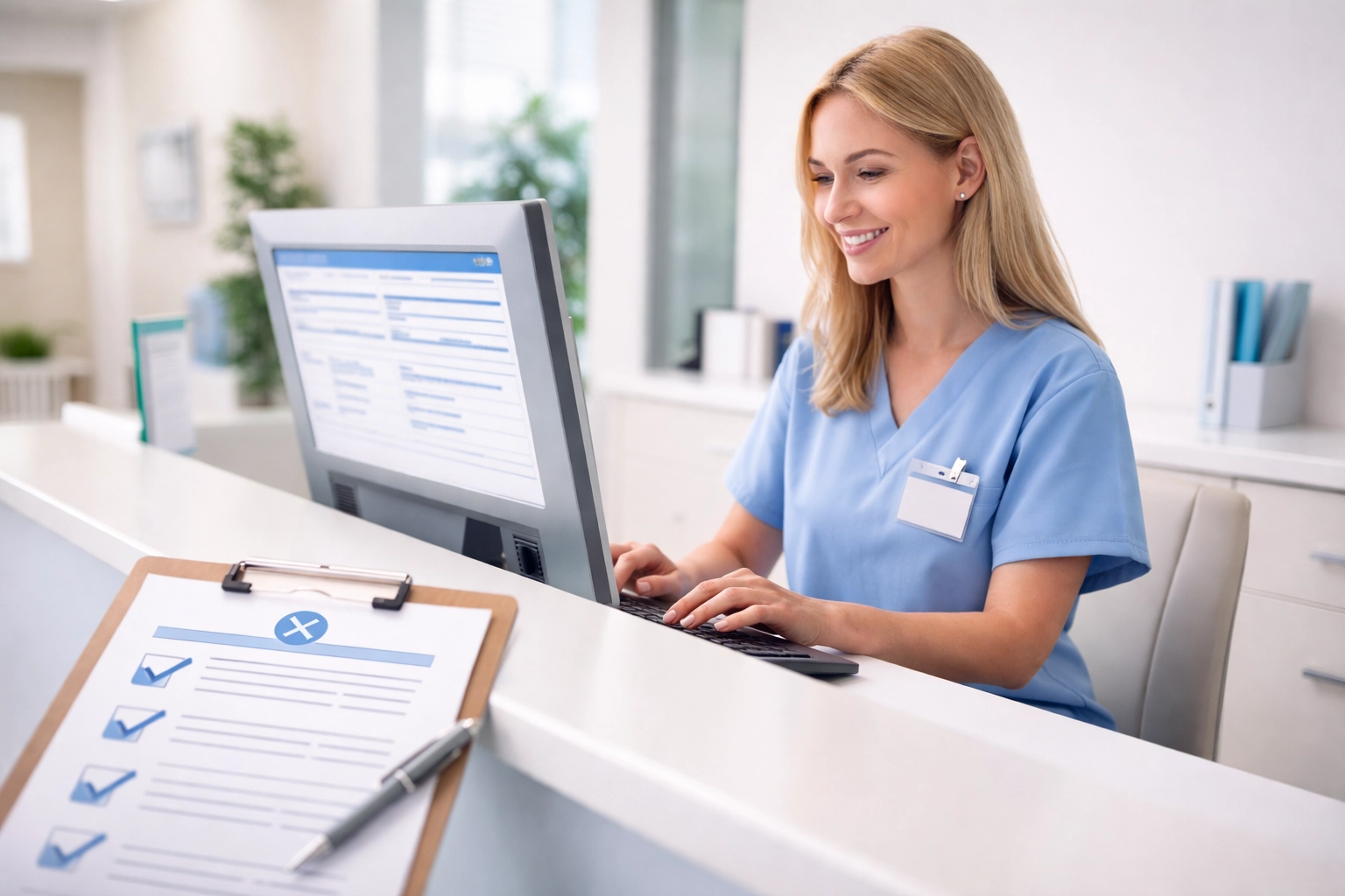 Medical clinic front desk with receptionist verifying patient insurance details on computer for reduced claim denials