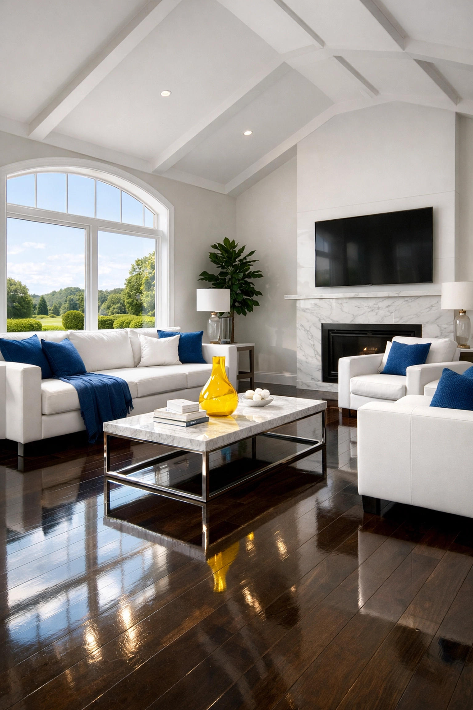 Immaculate Westborough living room with polished floors showing professional deep cleaning results.