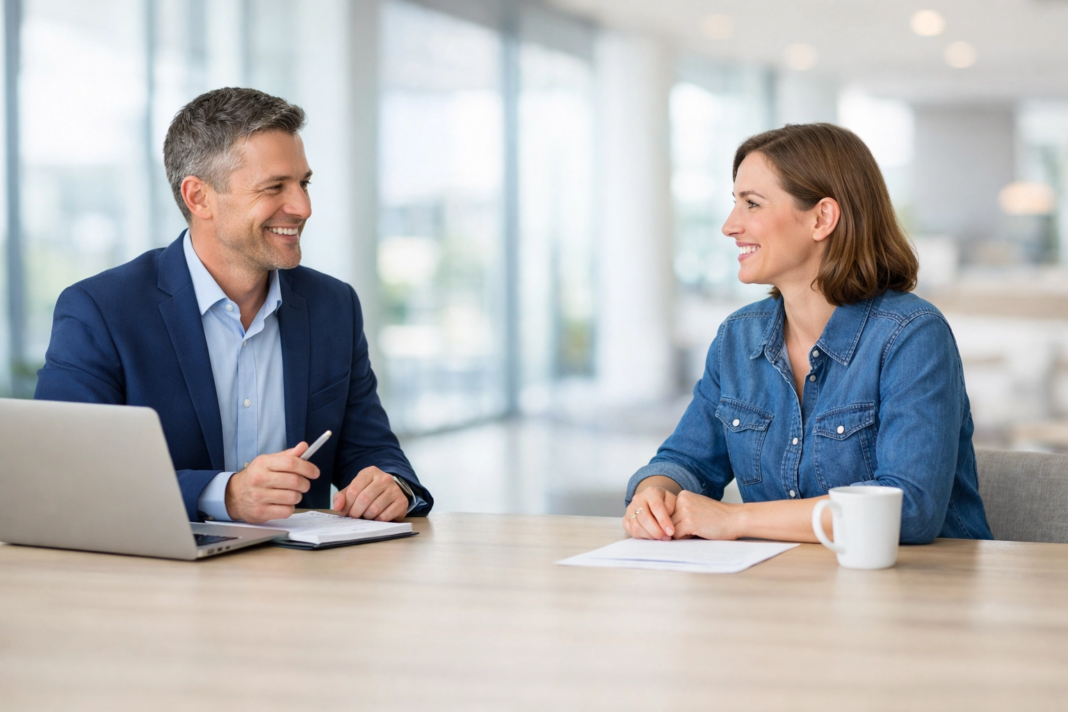 A payroll franchise consultant meeting with a small business owner to discuss B2B service opportunities.