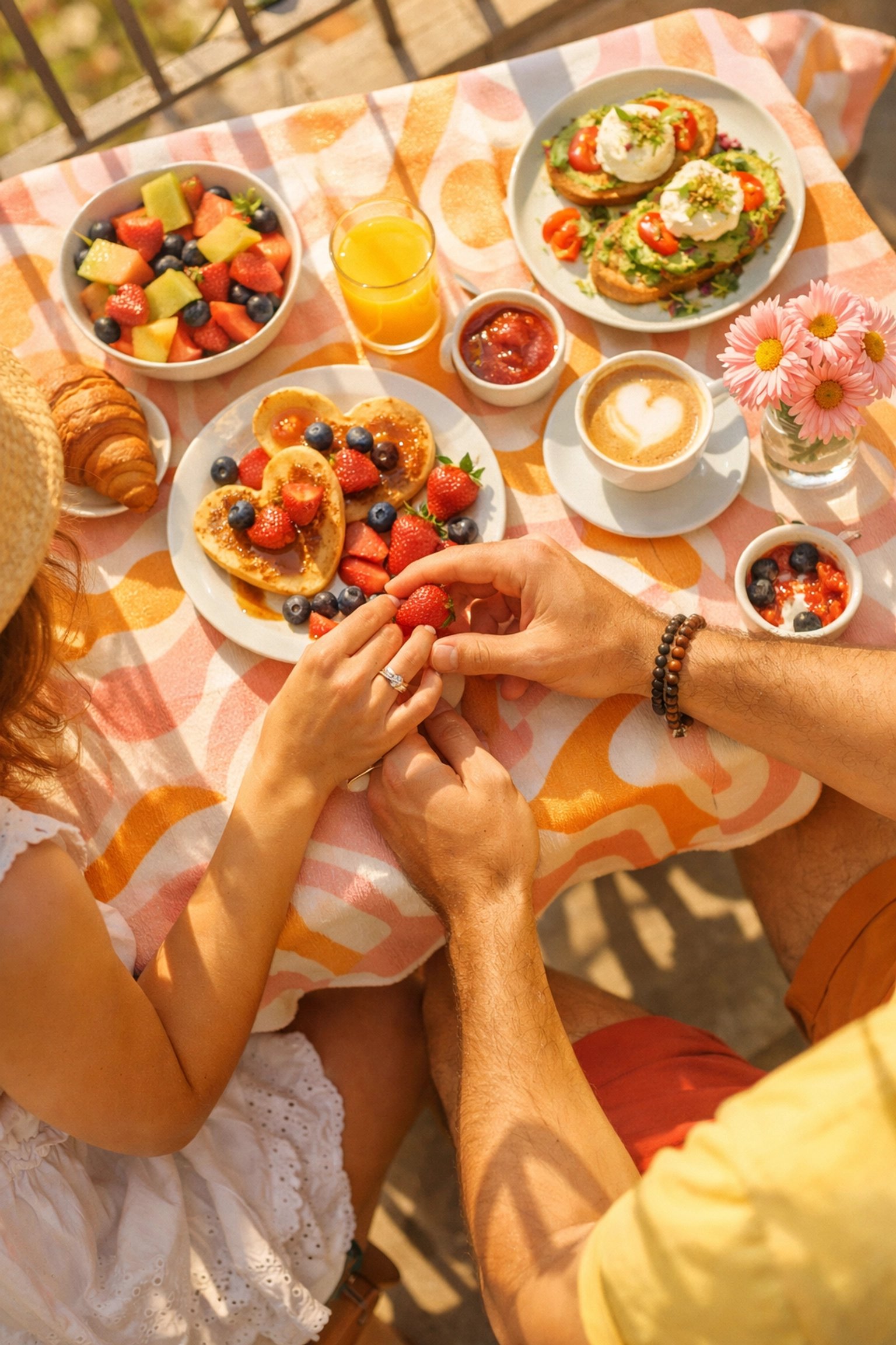 Couple enjoying romantic Valentine's Day brunch date with Delta 9 THC gummies