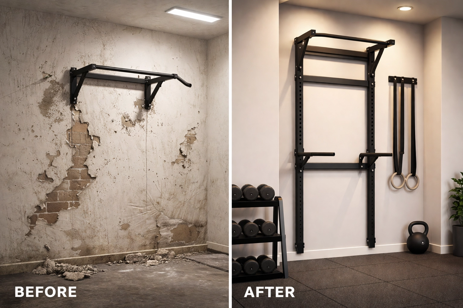 Before and after home gym wall: damaged by drill holes versus pristine with no wall damage workout system