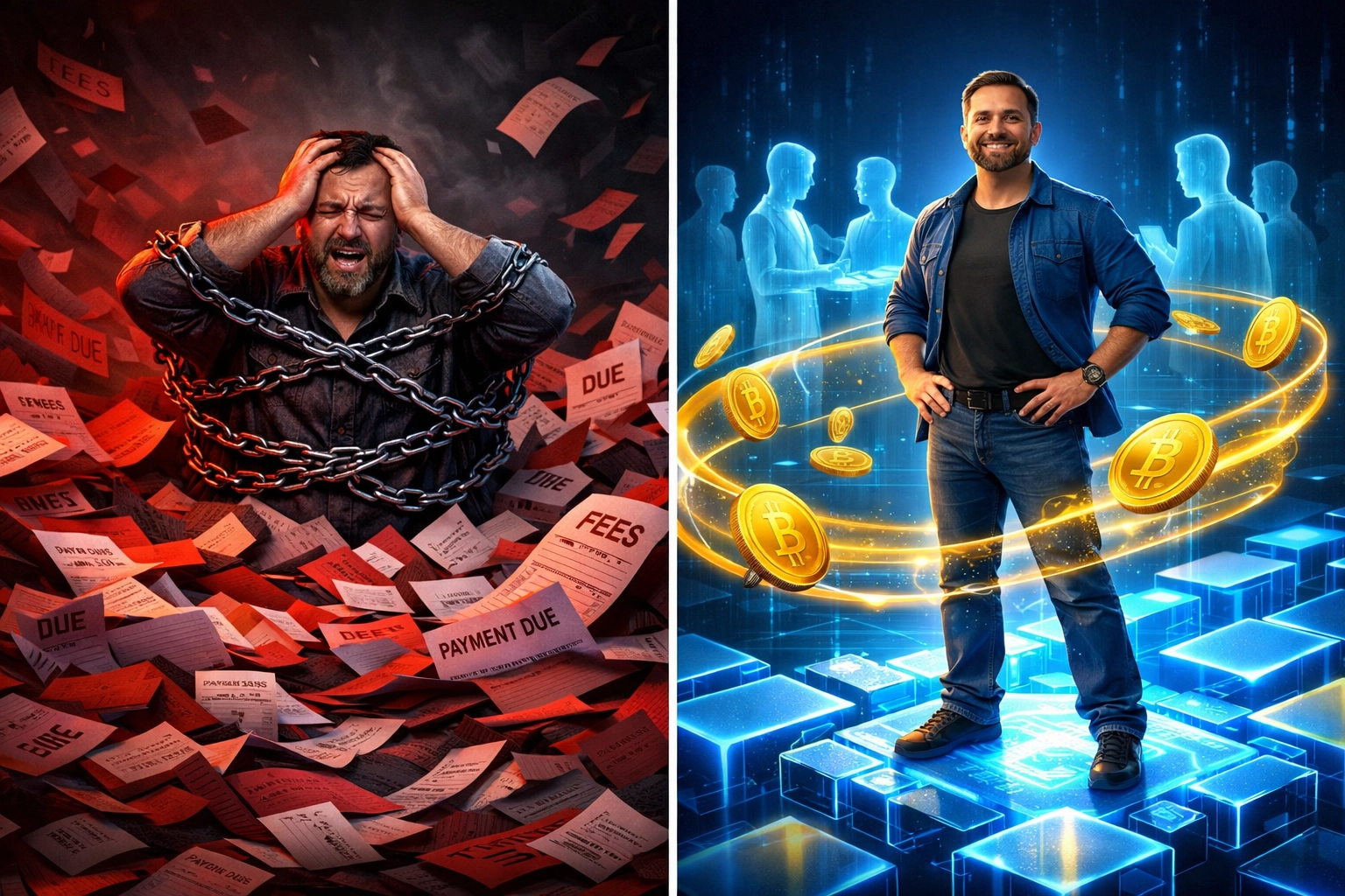 Comparison of traditional merchant drowning in fees versus merchant thriving with Larecoin blockchain payments