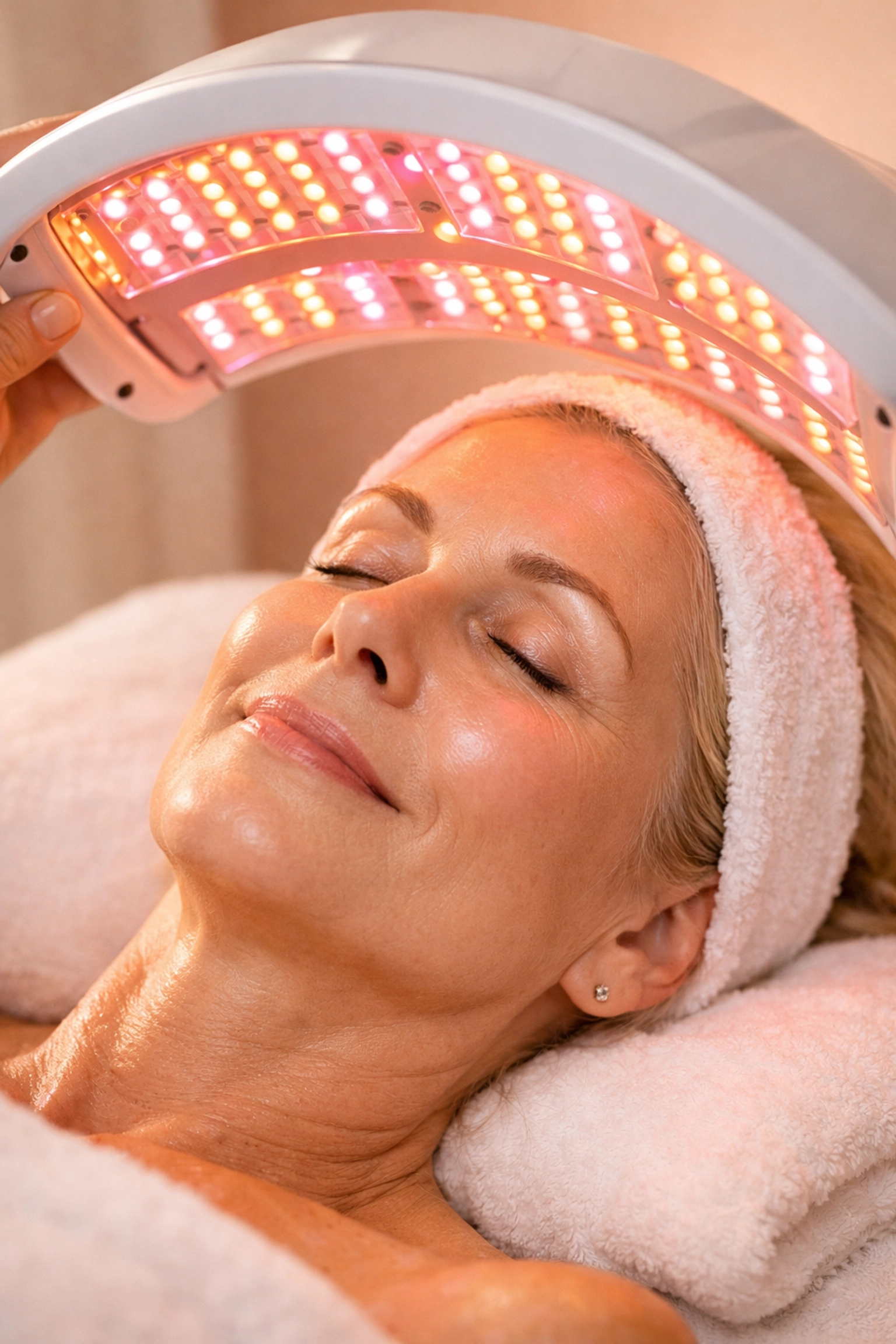 Woman relaxing during LED light therapy facial treatment at a Mornington Peninsula skin clinic