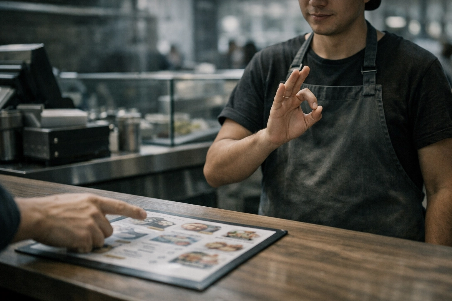 Deaf worker at Choripues Medellin using sign language to serve a customer at an inclusive food kiosk.