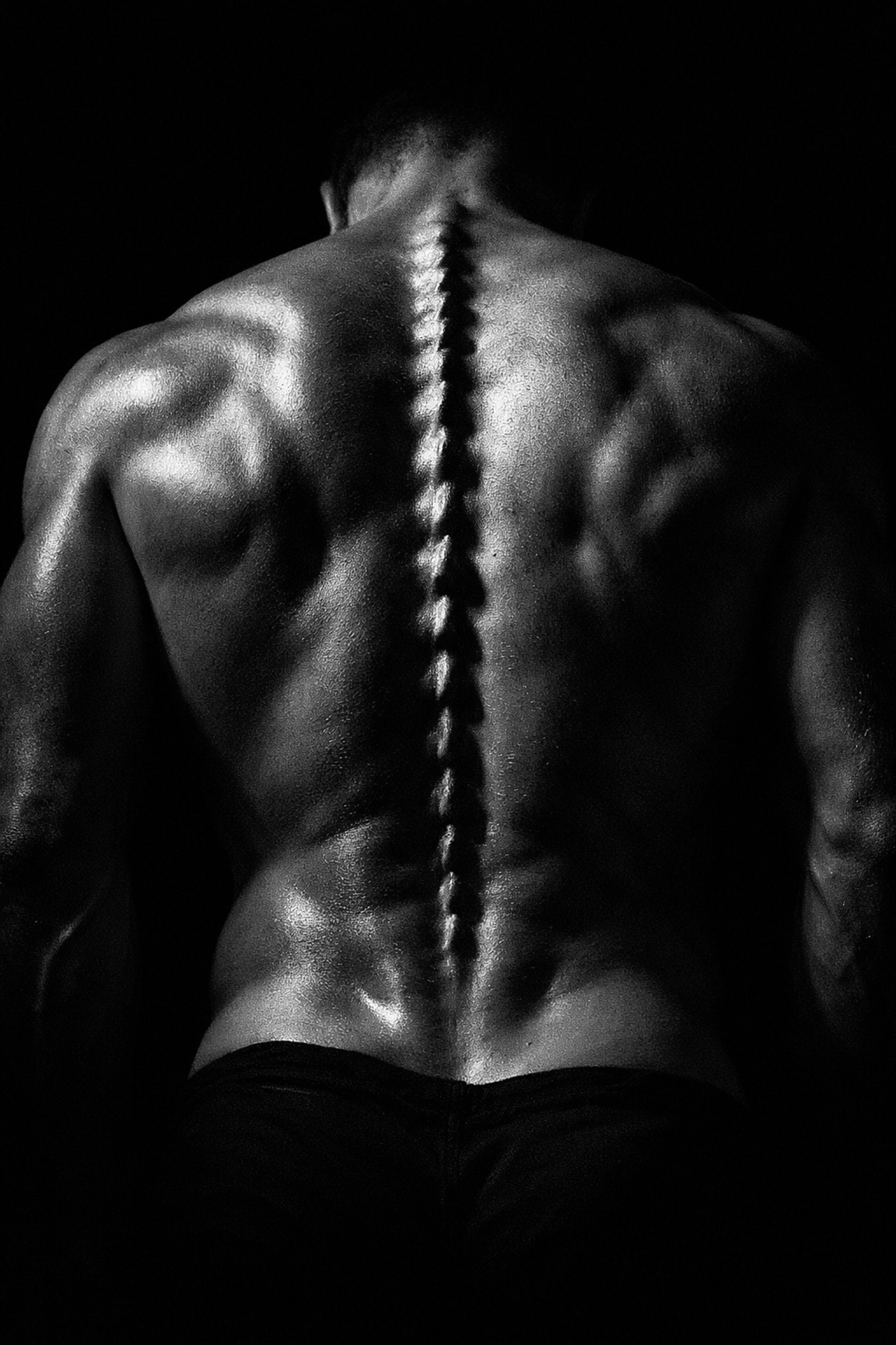 Artistic photo of a muscular man’s back highlighting the ridges of the spine in an MM romance style.