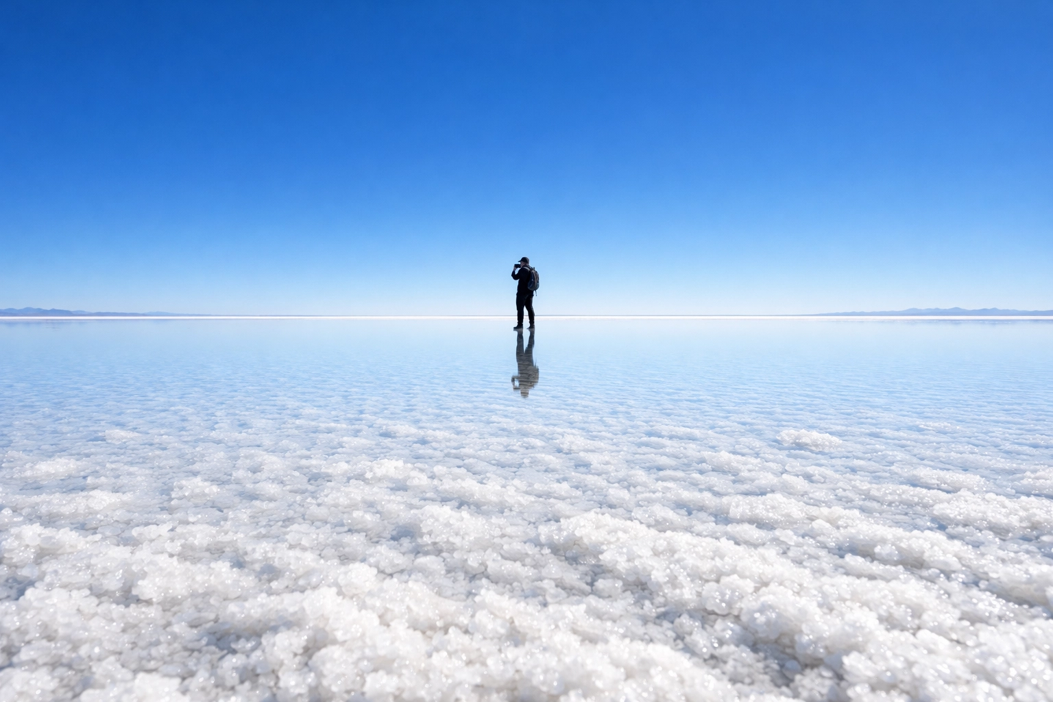 A bright salt flat landscape showing manual exposure control to manage highlights and white balance.