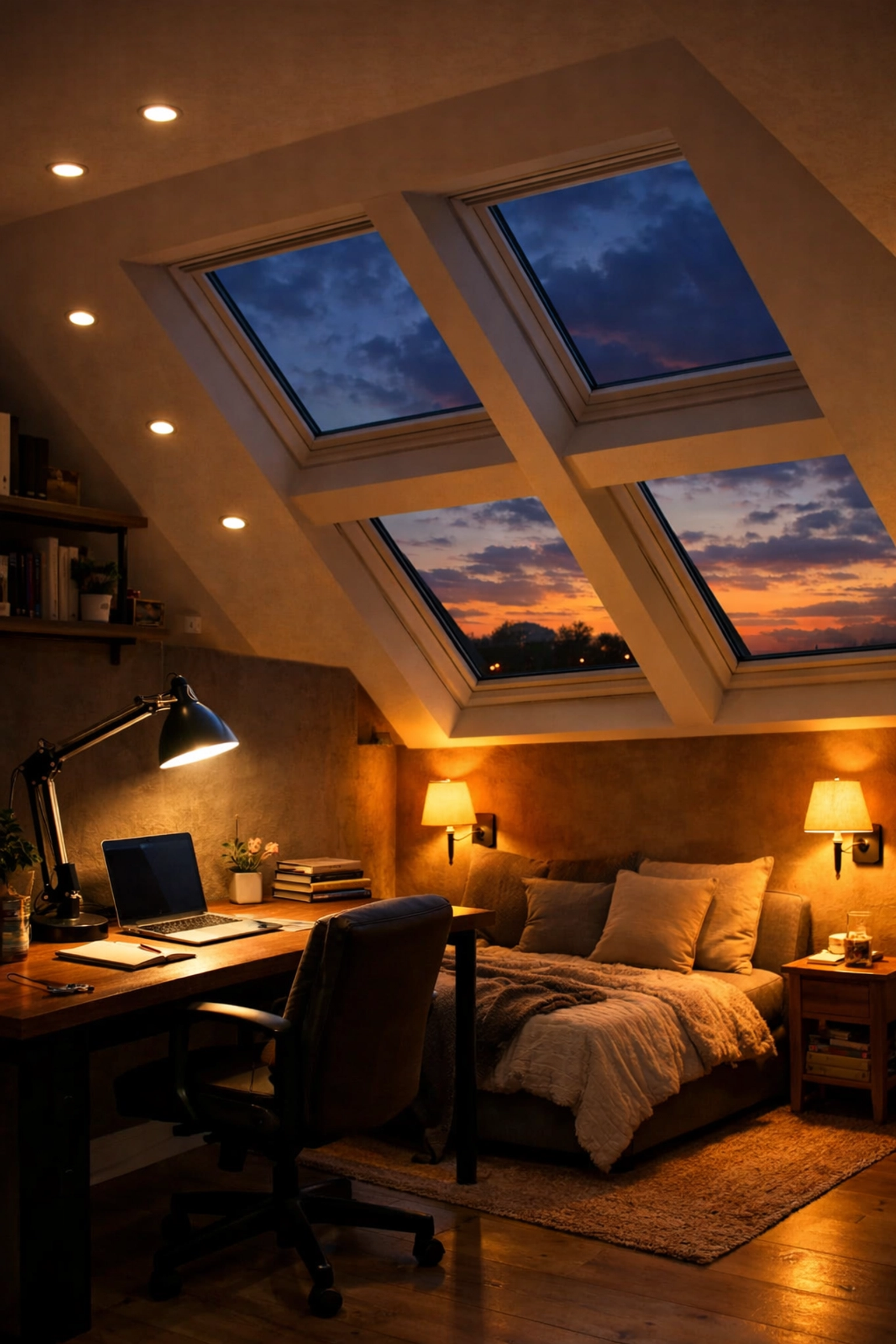 Layered lighting design in Dorset loft conversion with skylights and task lamps for home office