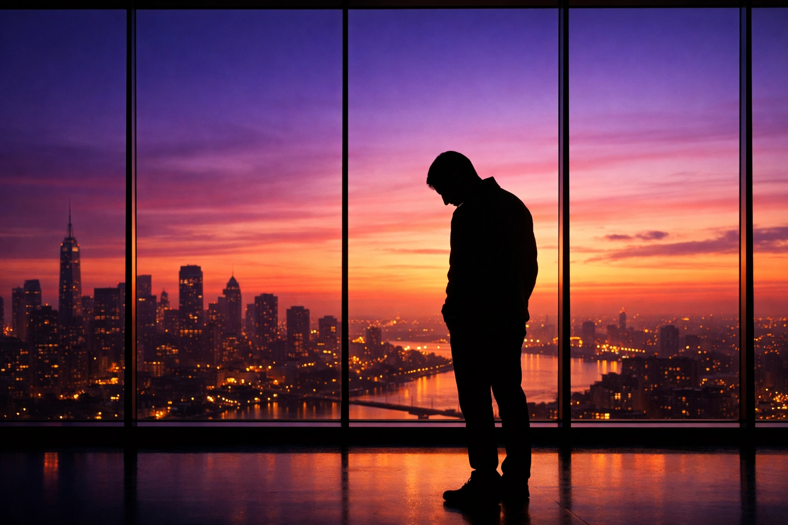 Silhouette of a person praying over a city skyline at dawn for Christian mission and education.
