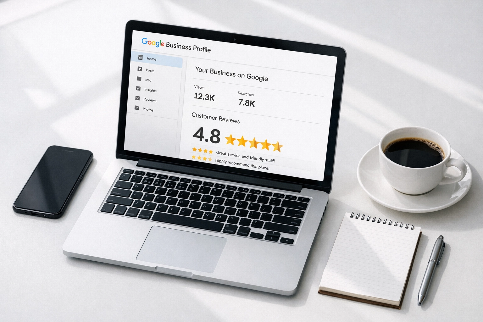 Google Business Profile dashboard showing local business listings and ratings